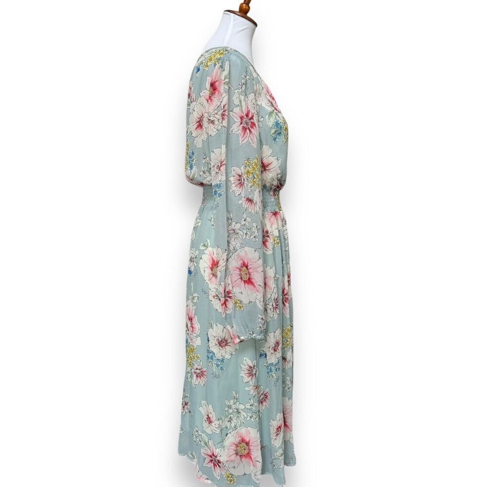 Louna Womens A Line Blouson Dress Blue Floral Long Sleeve Button Smocked Large - Picture 3 of 8